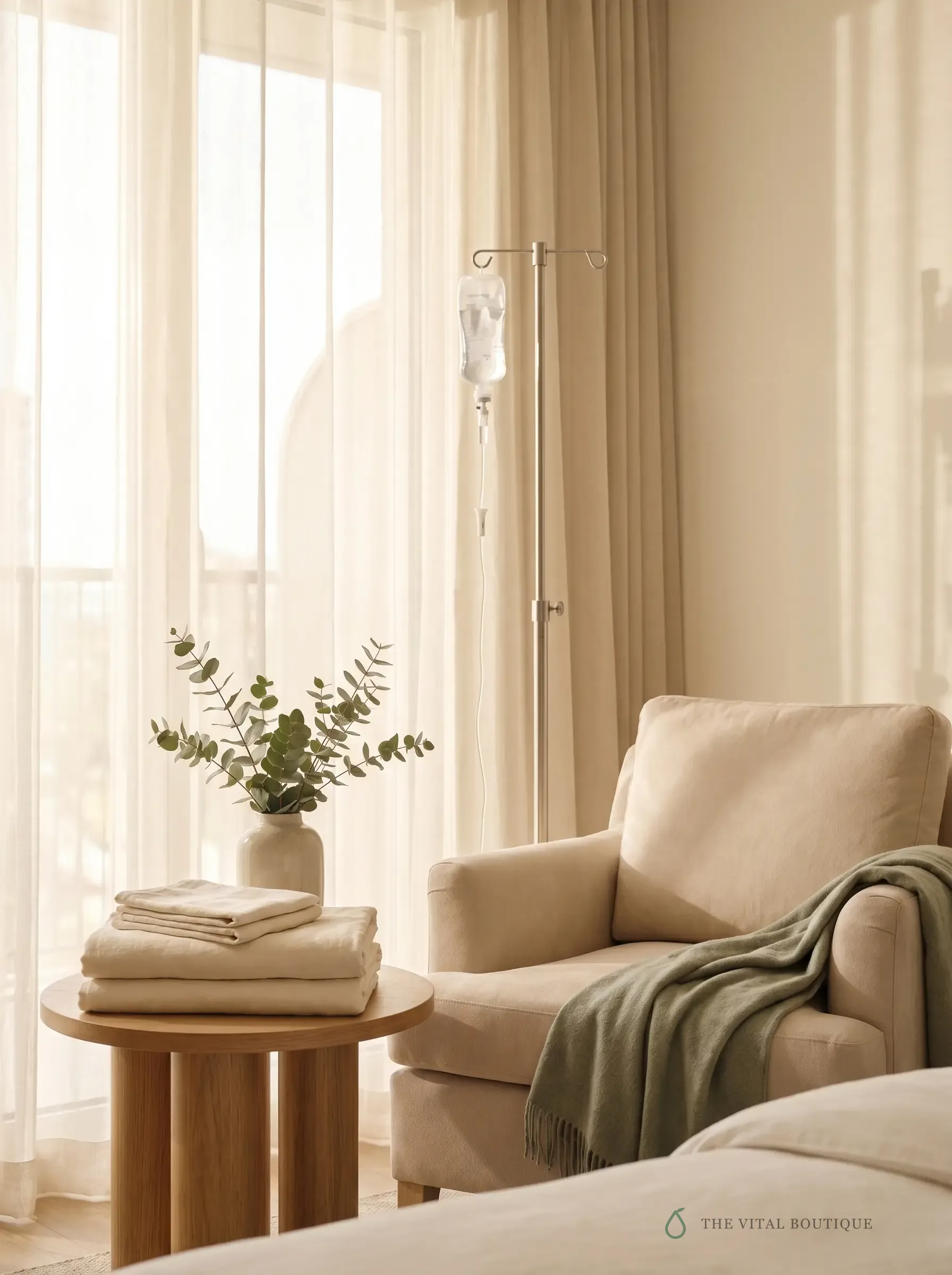 An IV drip set up in an elegant hotel suite
