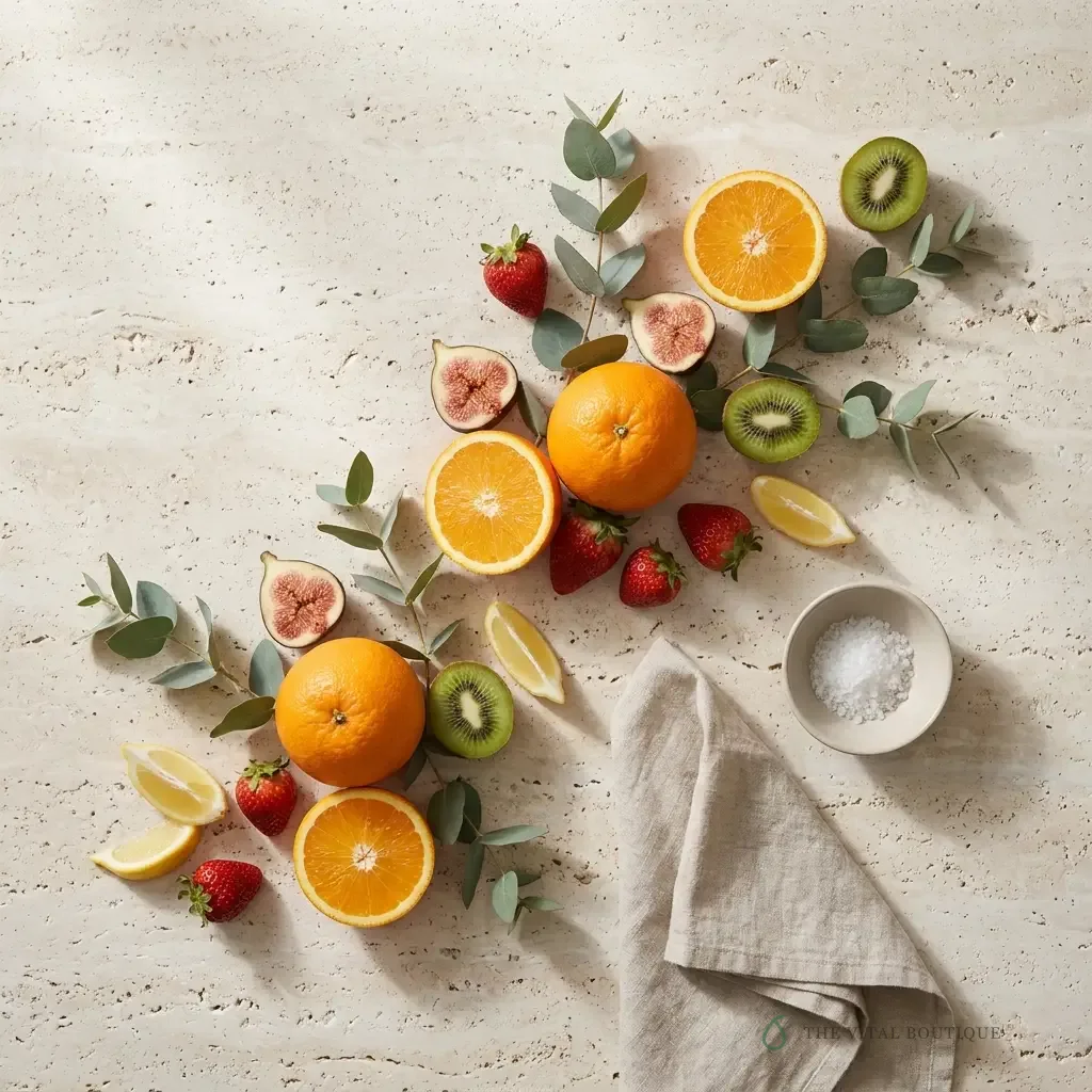 Fresh fruit and eucalyptus flat-lay