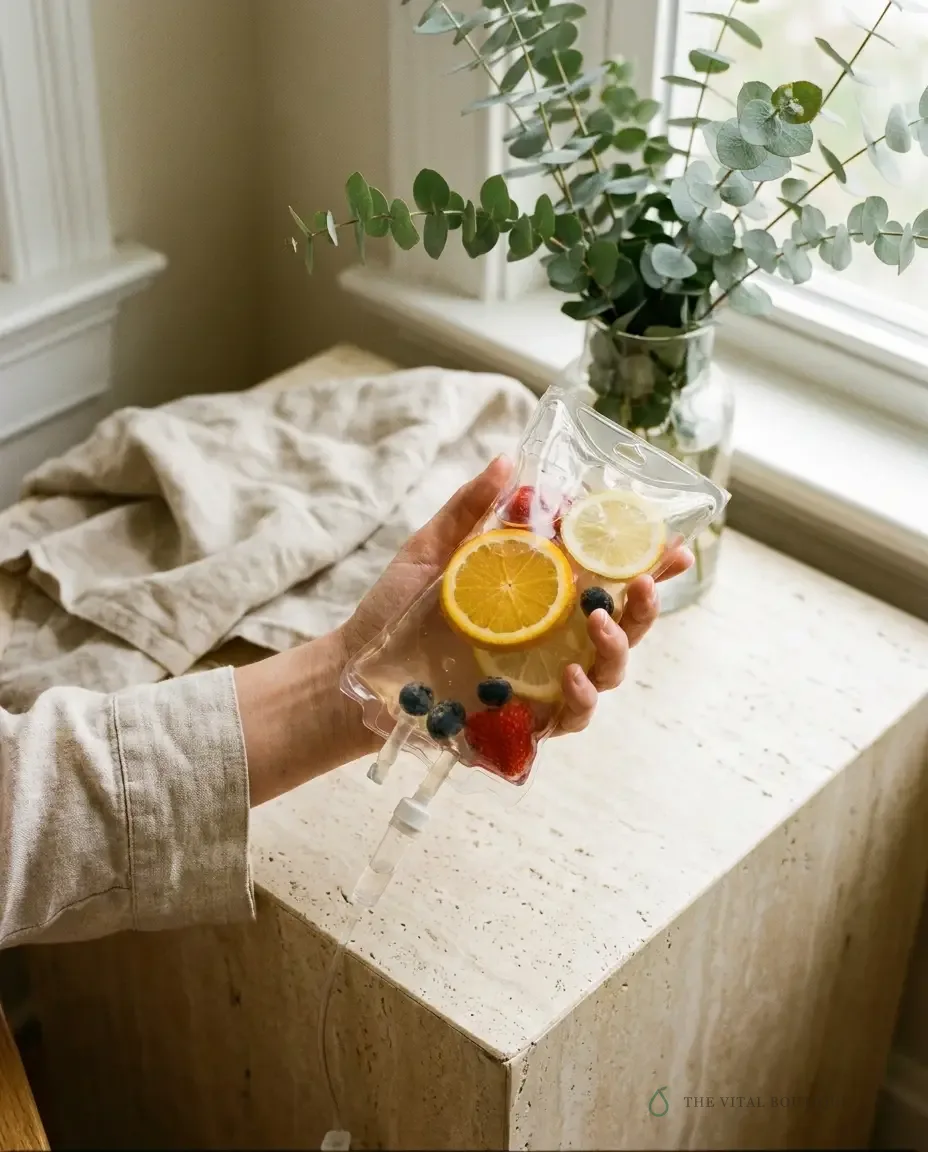 A hand holding a fruit-infused IV drip bag
