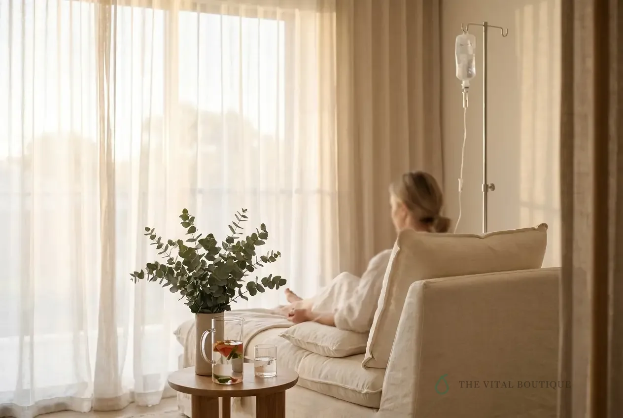 Relaxing in a linen chair during an at-home IV drip