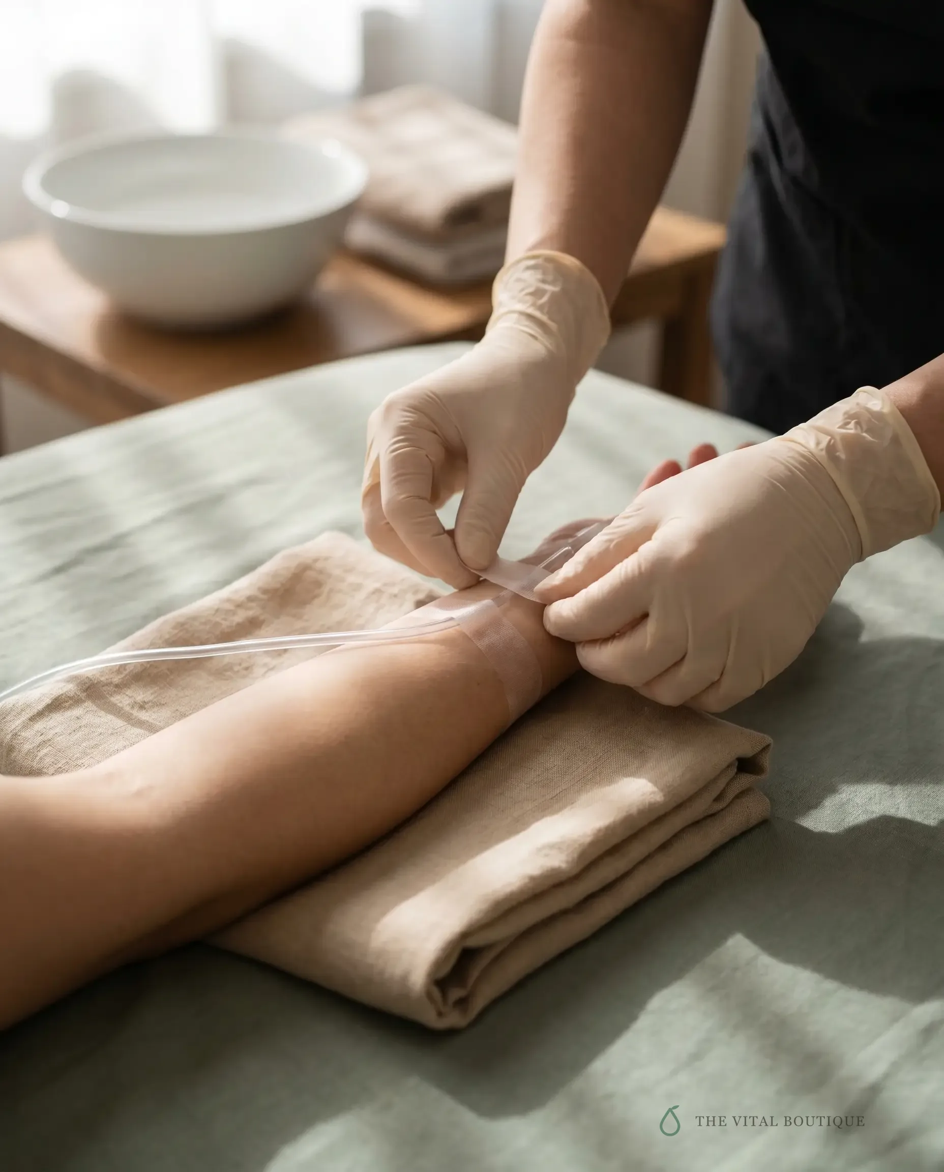 A licensed clinician placing an IV line